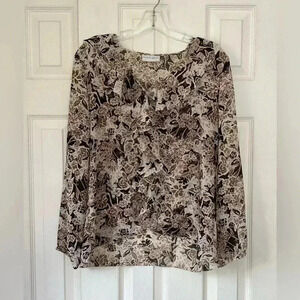 Jaclyn Smith Women’s Floral Long Sleeve Sheer Ruffle Blouse Brown& Cream  Sz PL